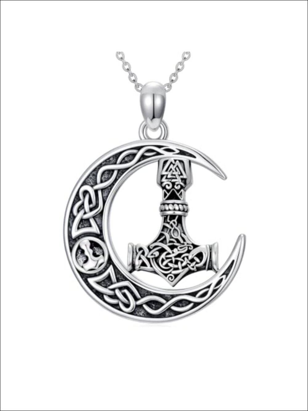Thor's Hammer Pendant Necklace Celtic Moon Stainless Steel Base